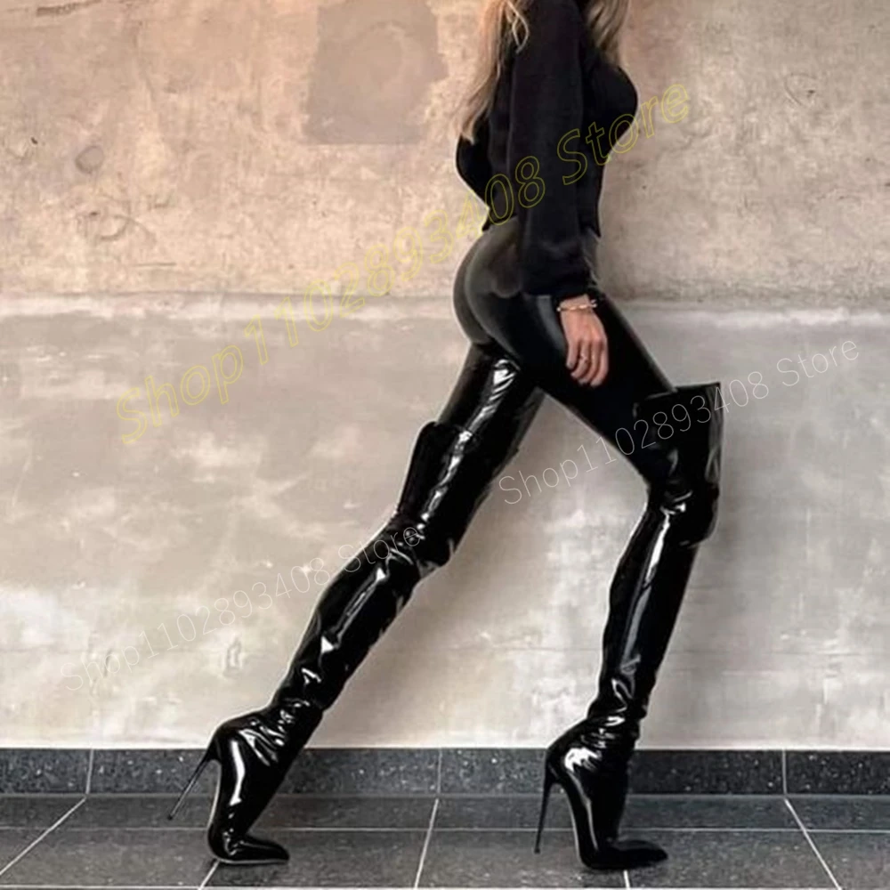 Solid Patent Leather Over the Knee Boots Pointed Toe Stiletto High Heel Concise Style Sexy Women Shoes 2024 Zapatos Para Mujere