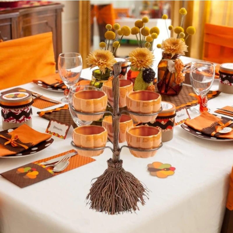 Halloween Snack Bowl Stand Creative Candy Holder Pumpkin Bowls on Broom for Serving Snacks Salad  Party Accessories Decorations