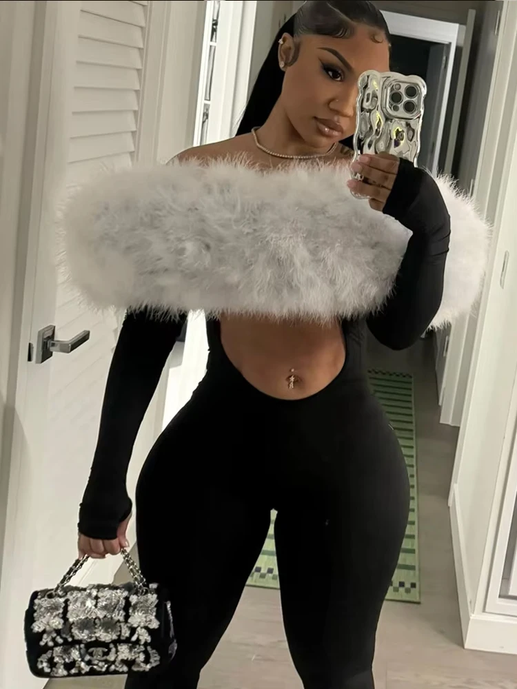 Weird Puss Fur Slash Neck Jumpsuit Woman Furry Patchwork Sexy Hollow Full Sleeve Backless Hottie Streetwear Activity Overalls