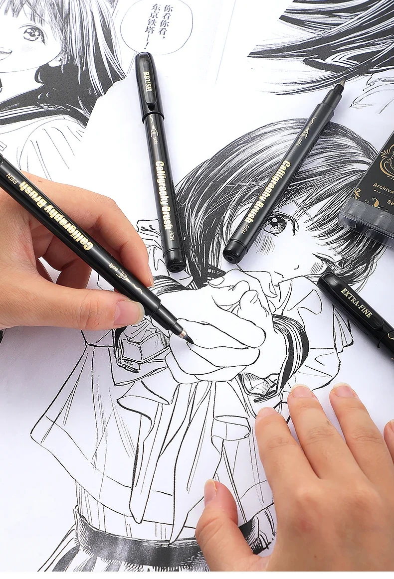 4-teiliges schwarzes Kalligrafie-Stiftset zum Zeichnen, Schreiben und Lernen, feine Pinselmarker, Kunstbedarf, Manga-Pinselstift, chinesisch – Detail 9