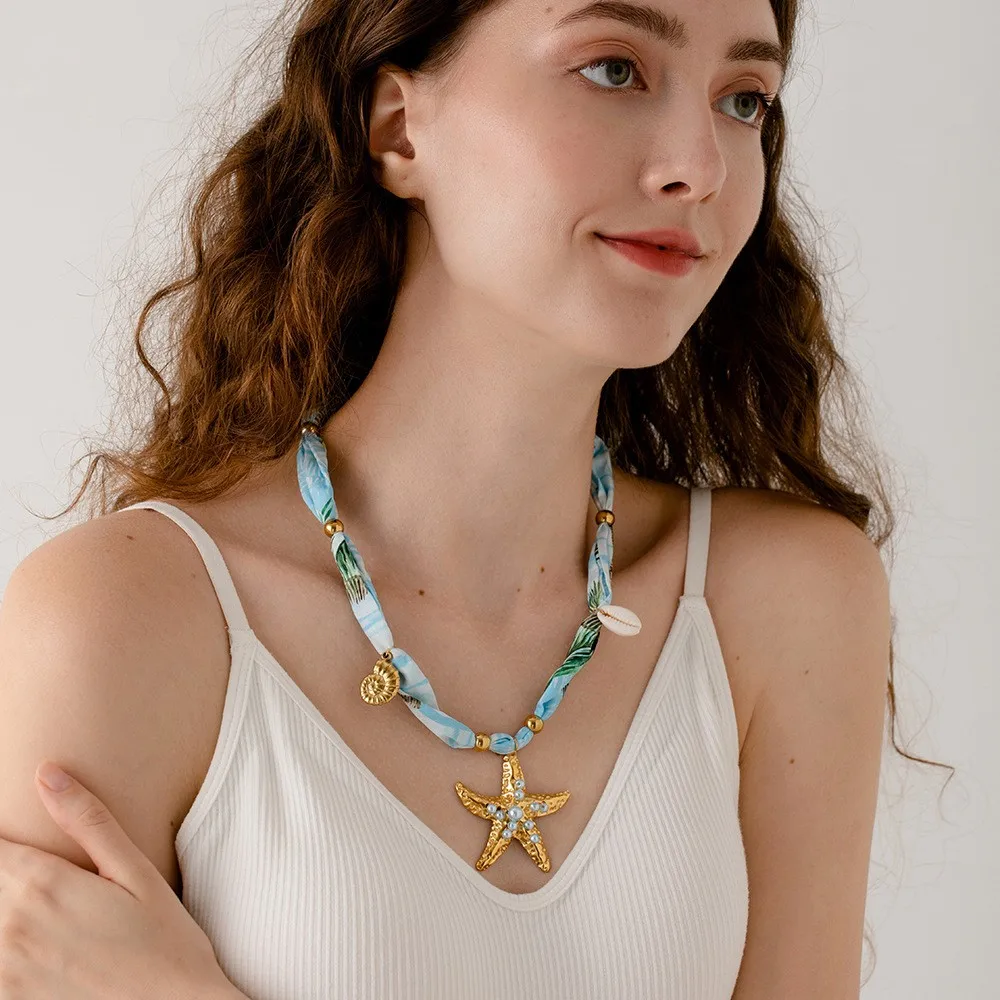 Collar Estrella de Mar Estilo INS, Chapado en Oro de 18K, Colgante de Acero Inoxidable, Collar con Cordón de Tela, Joyería, Regalo para Mujer