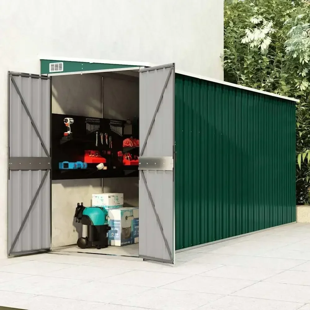 Green Galvanized Steel Wall-Mounted Garden Shed with Lockable Double Doors for Outdoor Storage