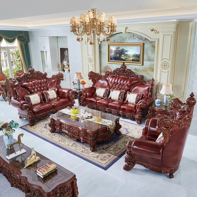 European leather sofa living room cowhide solid wood French style