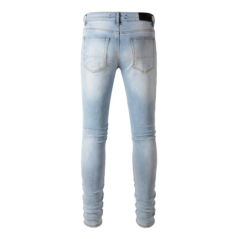 Jeans déchirés patchwork Blue DistMurcia pour hommes, trous détruits, côtes en cuir, moulant, classique, rue, haute qualité, commande