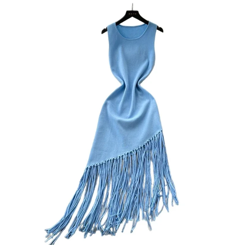 Quasten-Tanktop-Strick-Sommerkleid, O-Ausschnitt, ärmellos, elastisch, Maxi, einfarbig, atemberaubend, Boho-Strand, langer Stil für Damen, Sommerurlaub, Resort