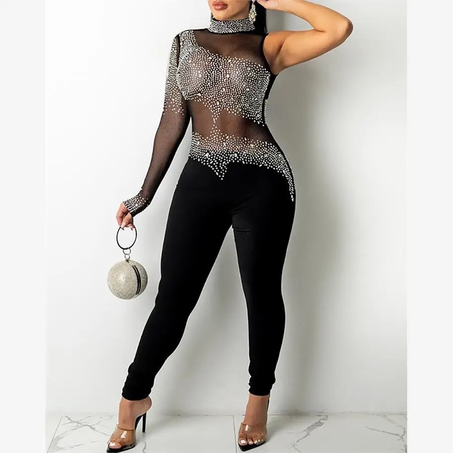 

Street Sle High Waist Rhinestone Me One oulder Jumpsuit See tough Glitter PVC Casual Pants for Middle-Aged Women