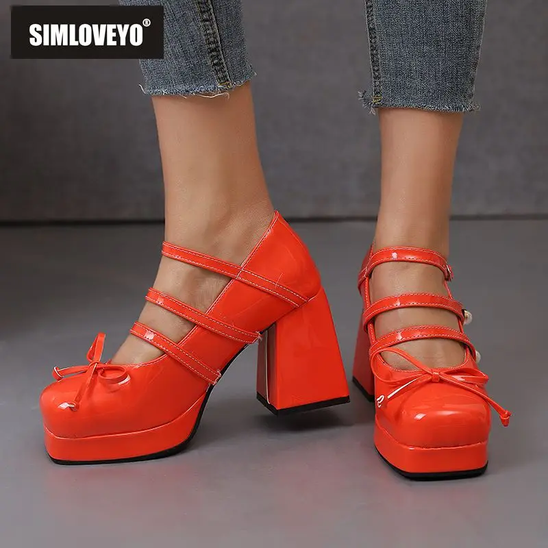 SIMLOVEYO-zapatos de tacón de bloque para mujer, calzado con plataforma de 9,5 cm, 2cm, talla grande 46 47 48, con hebilla y lazo, a la moda, para uso diario