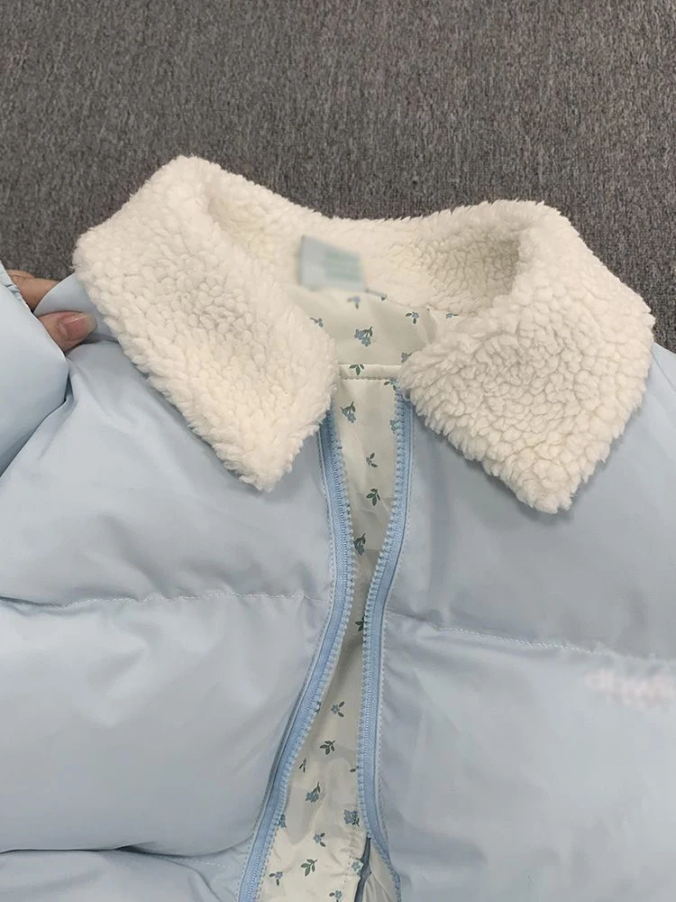 ブルーフローラルスイートパーカー女性毛皮の襟パッチワーク韓国プレッピーパフィーコート冬厚い学生かわいいジッパー長袖トップ