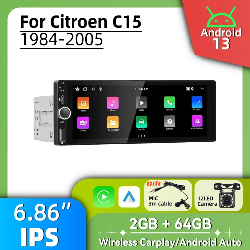 

6,86 "экран стерео для Citroen C15 1984-2005 Carplay Android Auto Android автомобильный мультимедийный 1-диночный радиоприемник GPS-навигация