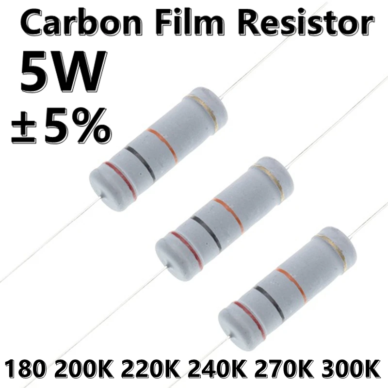 カーボンファイバーカラーリング抵抗器,5w,5%, 180k,200k,220k,240k,270k,300k,k,Ω,10個