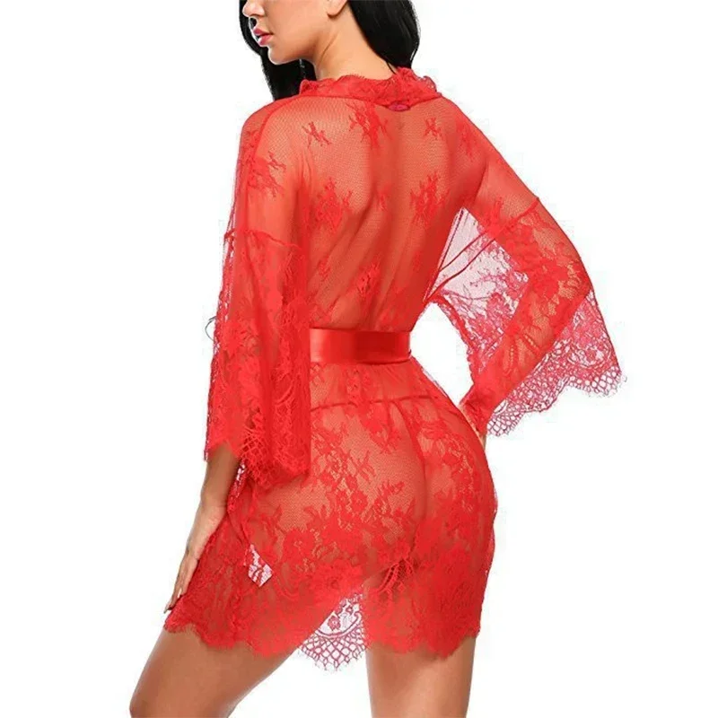 Sexy Cutout Tie Backless Dress Sheer Lace Erotic See Through Lingerie Transparent Porn Night Dress Lace Up Babydoll