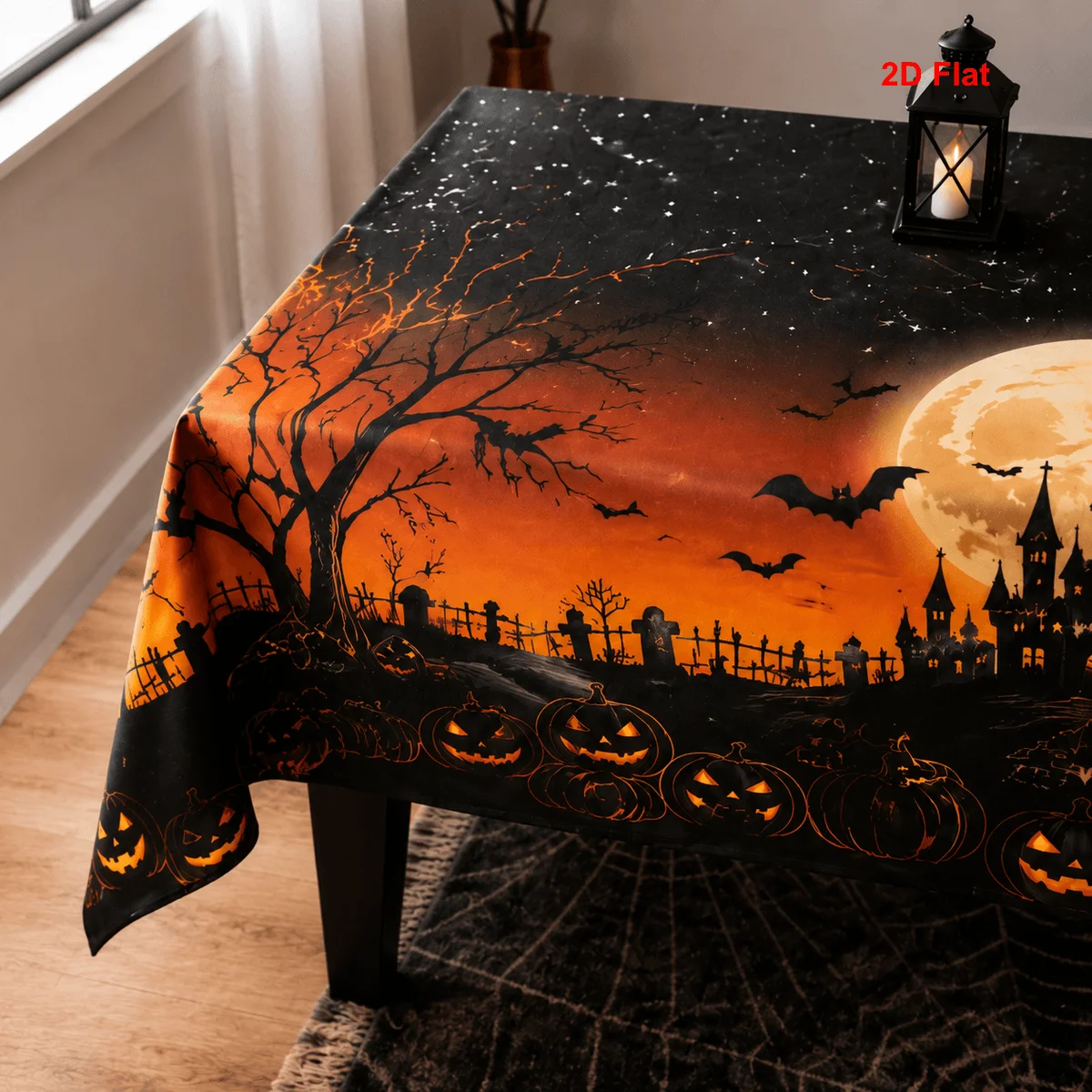 2D flat 1 piece tablecloth suitable for Halloween for family dining rectangular polyester autumnzyc