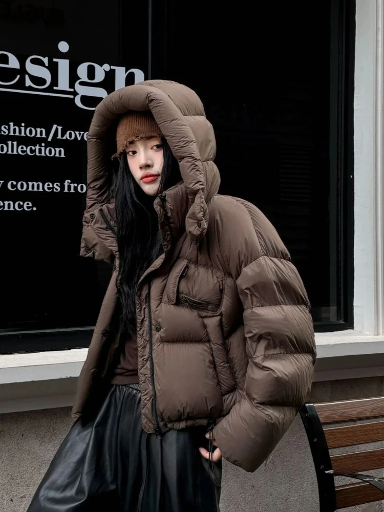 2025 موضة جديدة رقيق سترة منفوخة الإناث جديد الخريف الشتاء سميكة الدافئة ملابس علوية النساء قصيرة مقنعين الأبيض بطة أسفل معطف #3