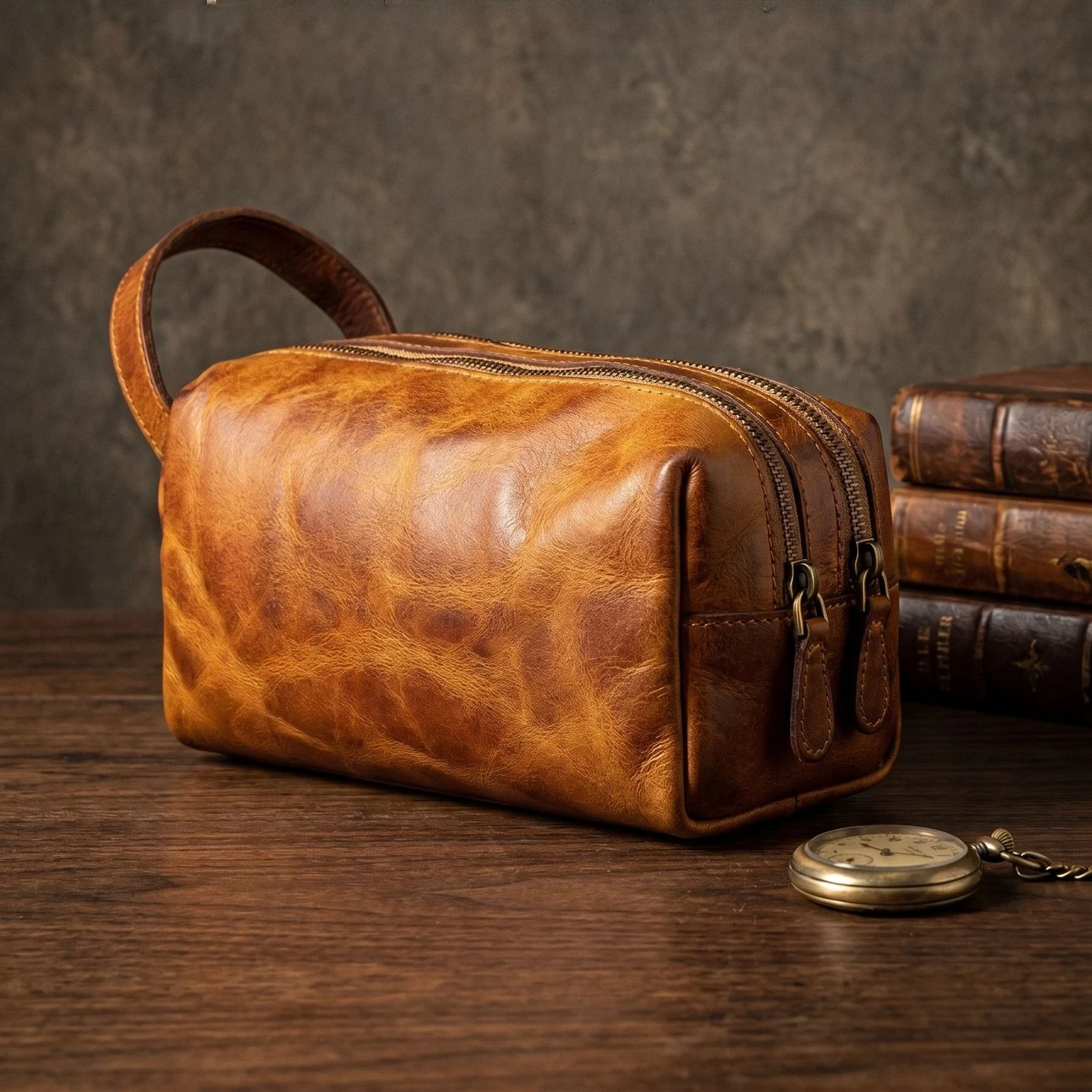 Men Multi-Purpose Genuine Leather Organizer Bag, Vintage Top Handle Pouch for Toiletries, Cosmetics, Stationery & Small Tools