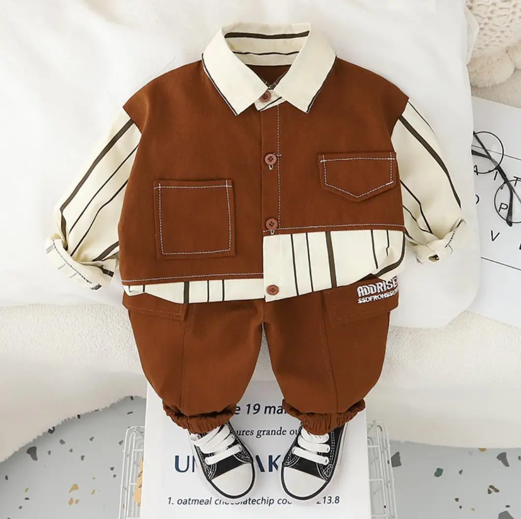 Boys Autumn Outfits 6 To 12 Months Children Baby Clothing Stripe Patchwork Long Sleeve Shirts And Pants Casual Kids Tracksuits