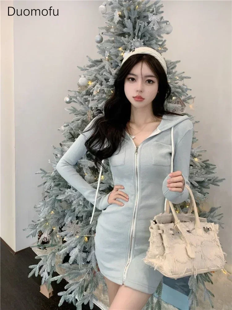 Duomofu Coquette Sexy Mini Blue Dress Women Korean Style Cute Long Sleeve Hooded Dreeses Y2k Egirl Sweet Corset Winter Vestidos