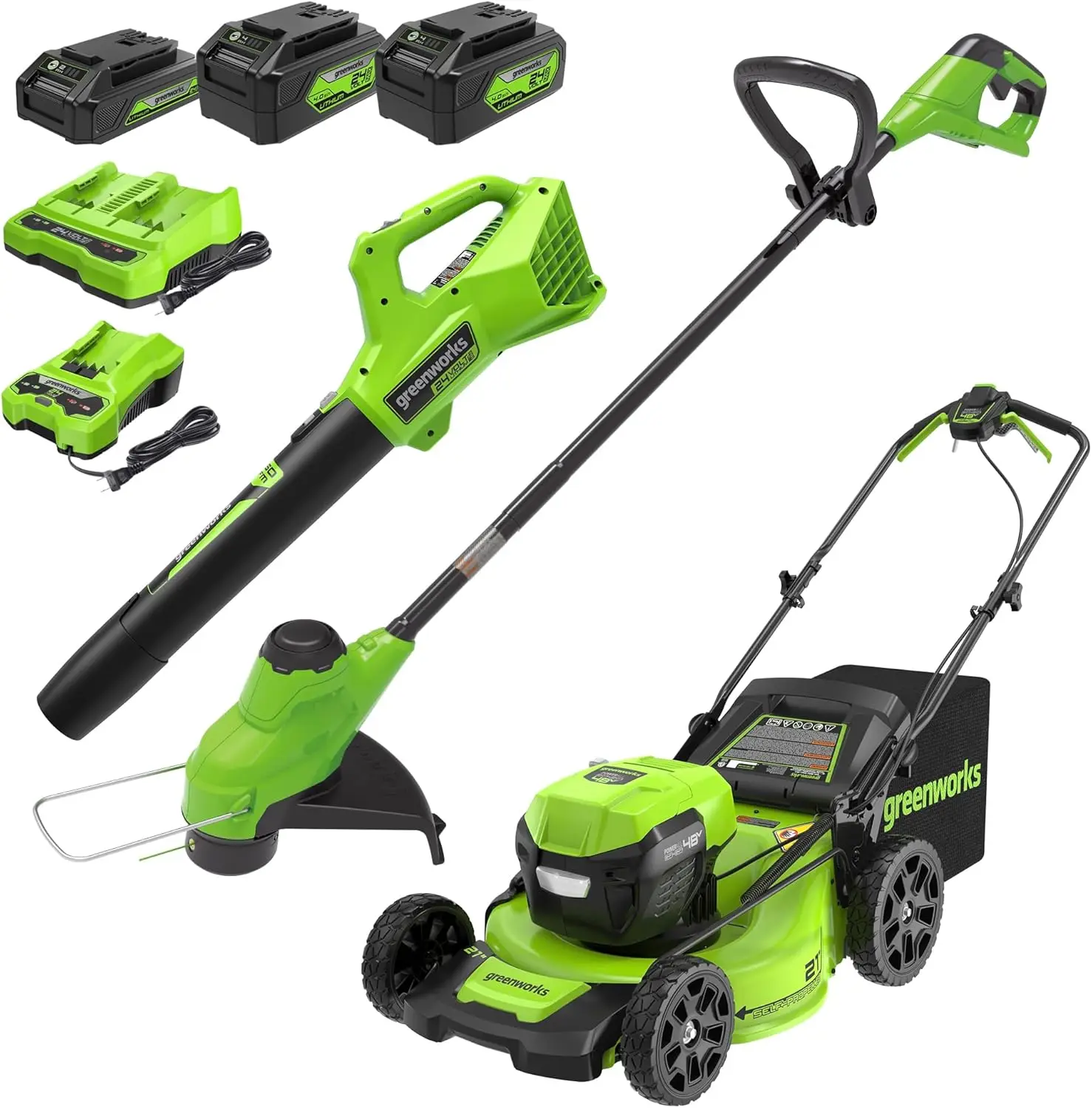 

Greenworks 48V (2x24V) 21" Cordless Battery Self-Propelled Mower, 10" String Trimmer & 320 CFM Blower Combo Kit w/ (2) 5.0Ah