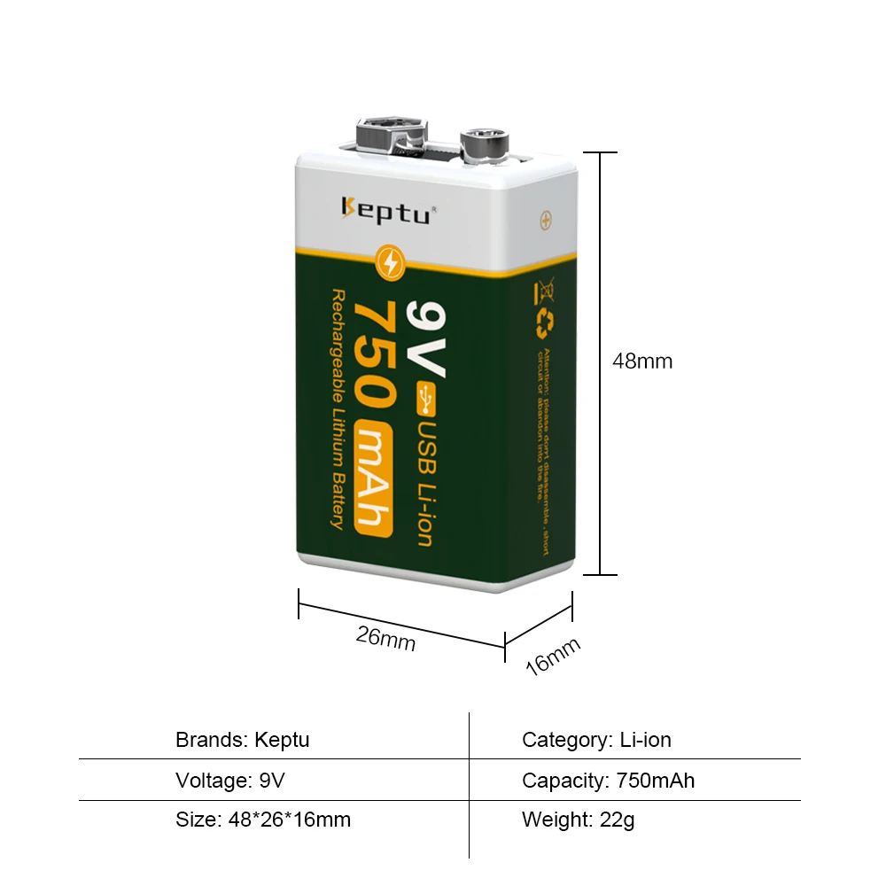 KEPTU 9V 750mAh Li-Ion Type-C USB แบตเตอรี่ 6F22 แบตเตอรี่ลิเธียมสําหรับมัลติมิเตอร์เครื่องตรวจจับโลหะของเล่นรีโมทคอนโทรล