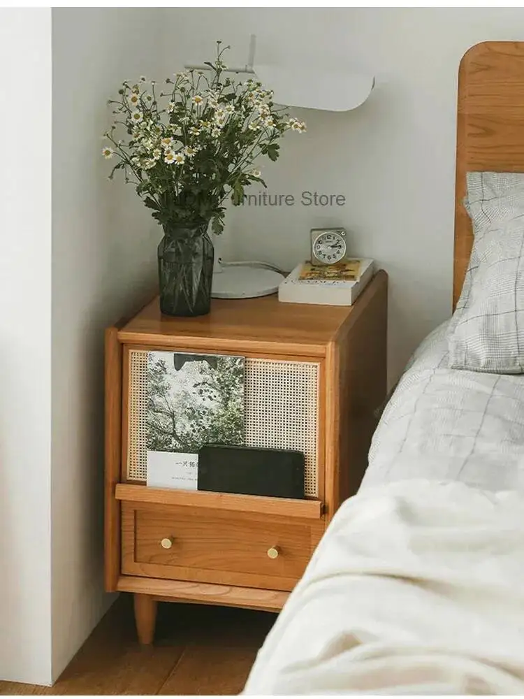 Nordic Style Rattan Wooden Nightstand with Drawer, Retro Bedside Table for Bedroom