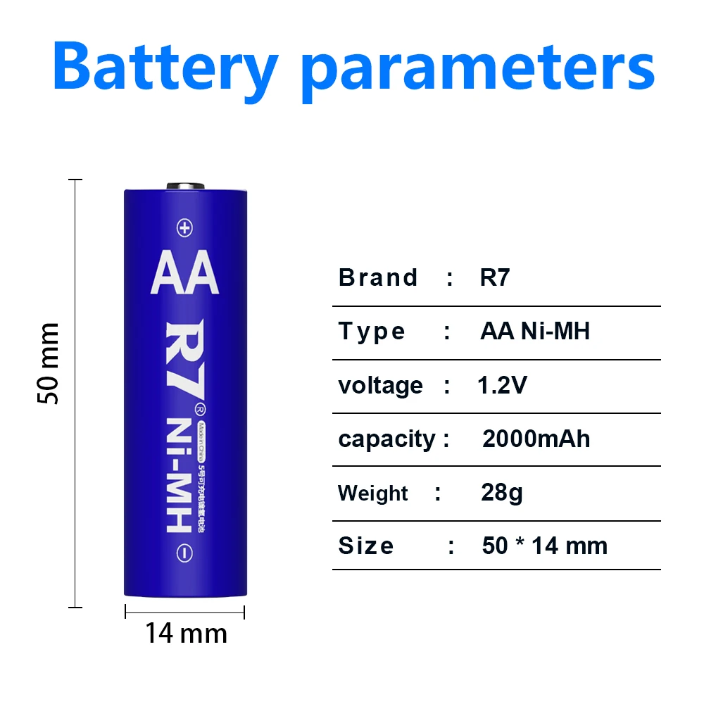 R7 AA 1.2V Rechargeable Battery 2000mAh Ni-MH aa for camera Toy car and LCD USB charger