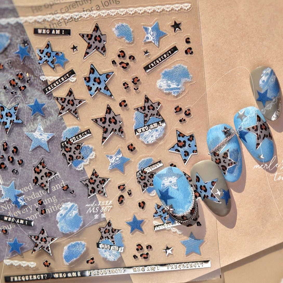 Estampado de leopardo tela vaquera azul pentagrama estrella lunares Bowknot amor corazón Y2K Punk encanto DIY pegatinas para decoración de uñas calcomanías de manicura