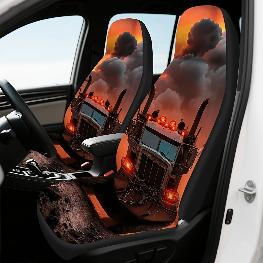 2pcs, Post Apocalyptic Truck Sunset Print Front Seat Covers, Helps Maintain Original Front Upholstery Condition, Quick To Remove