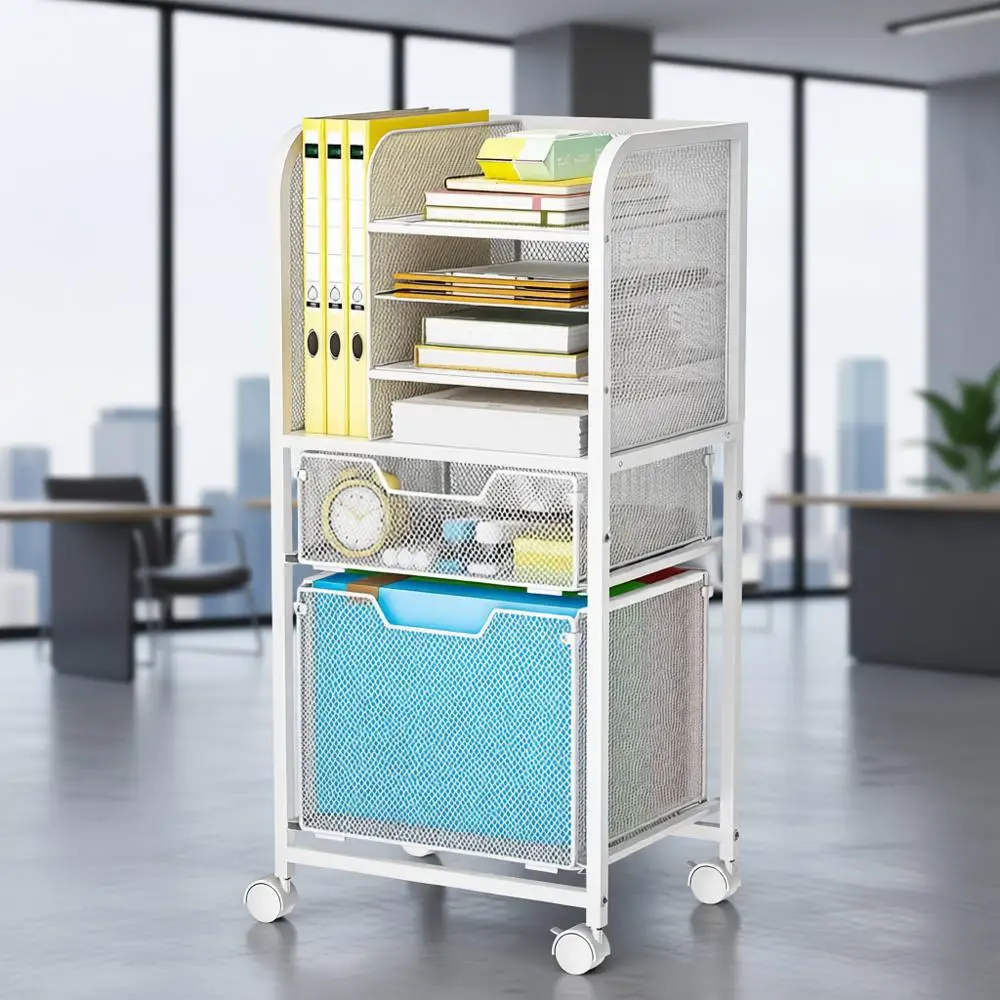 

Double-Tier Rolling Cart, White Storage Cabinet Organizer, Letter-Size Mobile File Storage with Wheels, Multi-Layer Adjustable O