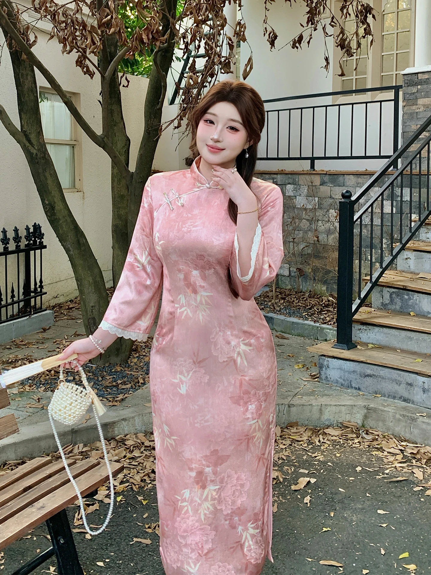 

Новое китайское платье-ципао больших размеров Ele Plus Size, розовое, с цветочной вышивкой, завышенной талией, длинная юбка для полных женщин