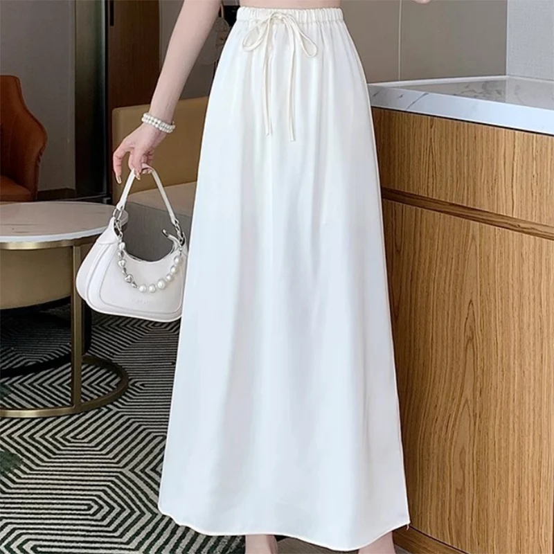 Fashion Elastic Lace Up All-match Solid Color Satin Skirts Female Clothing 2024 Summer New Loose Casual High Waist Skirts