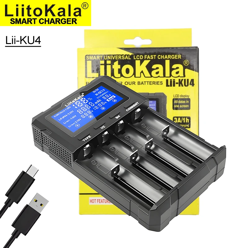 LiitoKala Lii-KU4 LCD QC3.01 cargador de batería para 21700 20700 26650 16340 CR123A 18350 14500 1,2 V Ni-MH ni-cd cargador inteligente