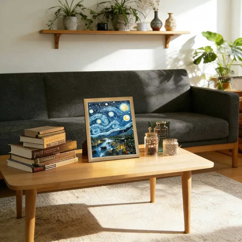 Van Gogh Starry Night lamp, wooden frame color changing glowing painting, cordless decor for bedroom office, E27 compatible