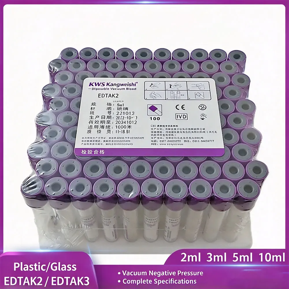 100 Pcs Disposable EDTA K2 Vacuum Blood Collection Tubes Anticoagulant Purple Cap Blood Test Tubes for Hematology Examination