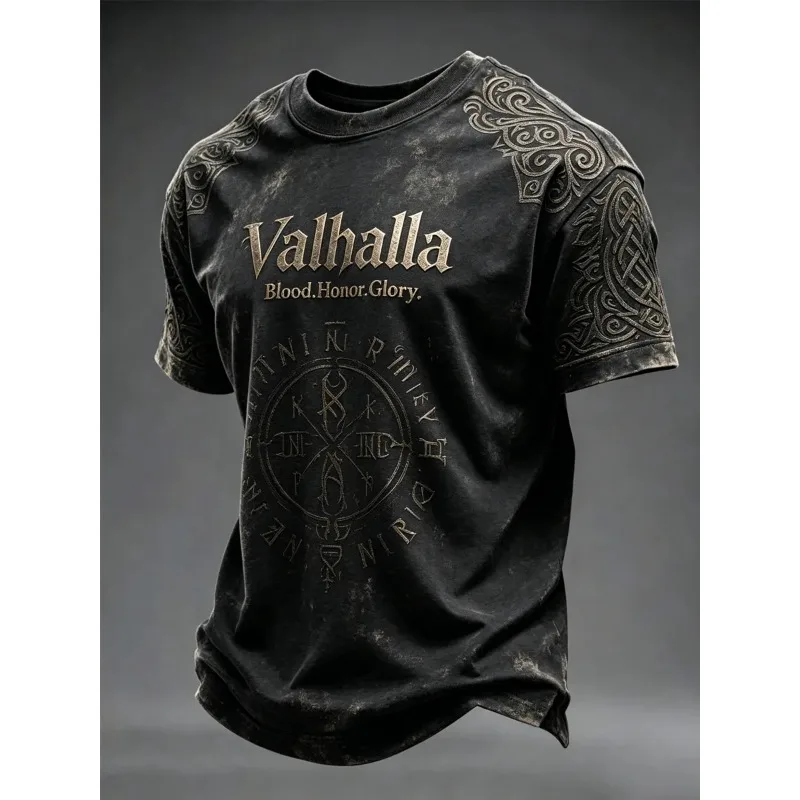 Vintage Washed Black Valhalla Viking Men's T-Shirt, Breathable Quick-dry 3D Print Jersey Short Sleeve, Daily Casual Apparel