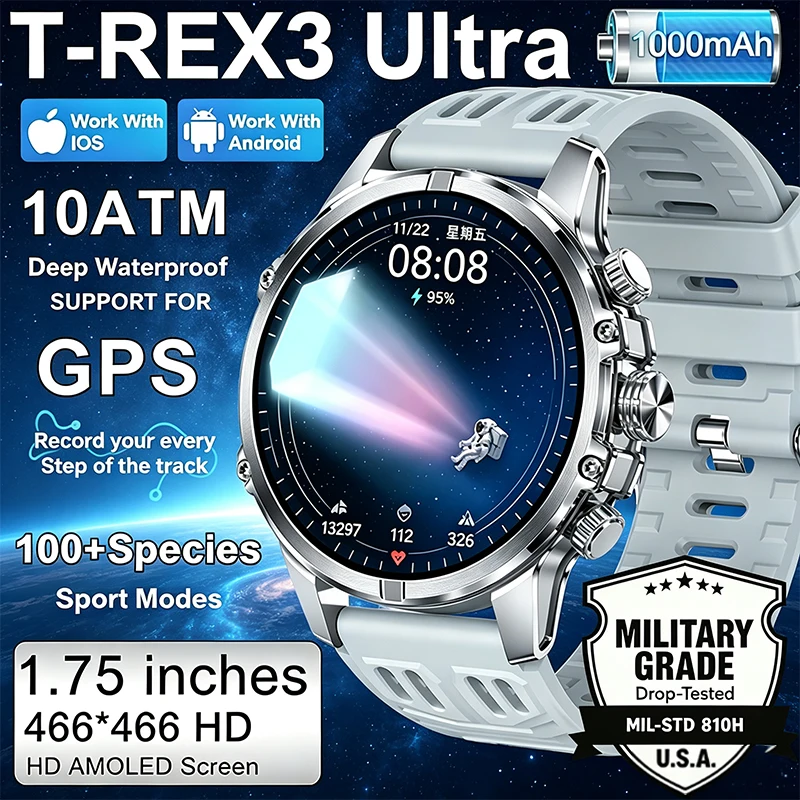 Montre intelligente militaire 2026 pour hommes, batterie 1000 mAh, suivi GPS, boussole, étanche 10 ATM, lampe de poche tactique, appels, montre intelligente sport