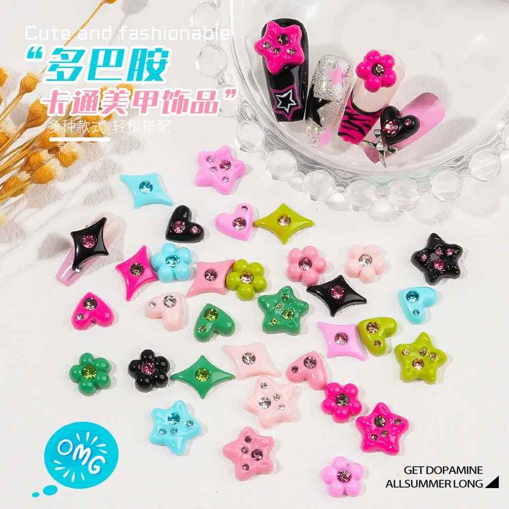 10pcs Dopamine Girl Nail Art Charms 3D Rose Black Red Diamond Crystal Star Heart Pentagram Nail Rhinestone DIY Nail Accessories