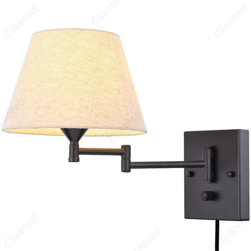 

American New LED Fabric Lampshade Wall Lamp with Plug Living Room Study Bedroom Bedside Decorative Atmosphere Lighting