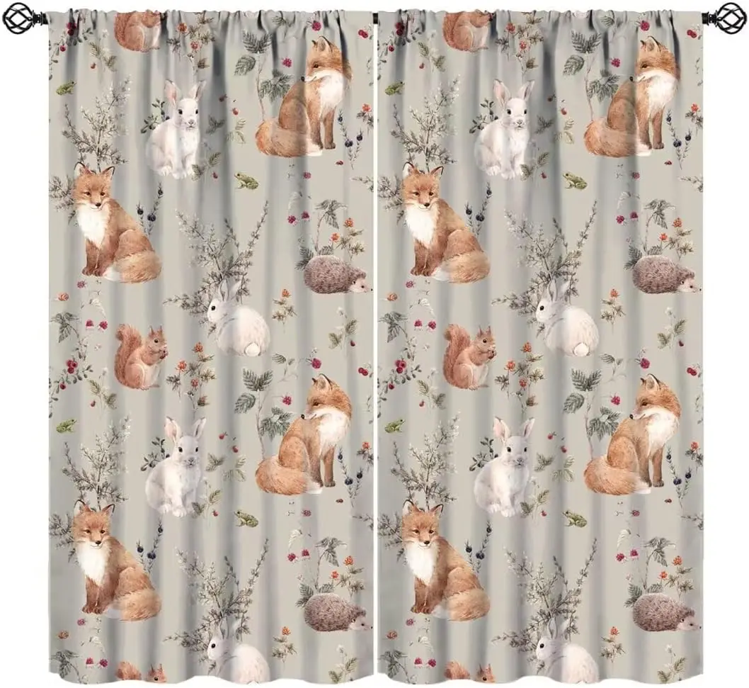 Vintage Hand Drawn Woodland Wildlife Plant Berry Print Blackout Rod Pocket Curtain Ash Soft Zen Nursery Homestay Bedroom Rest