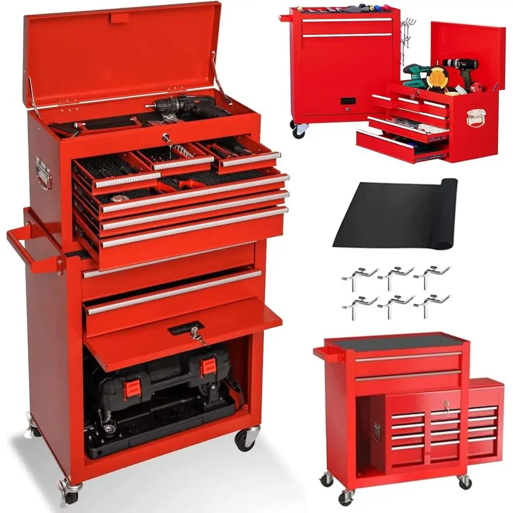 

Rolling Tool Chest with Detachable Storage Cabinet, Lockable, Wheeled Organizer for Garage Workshop, Red