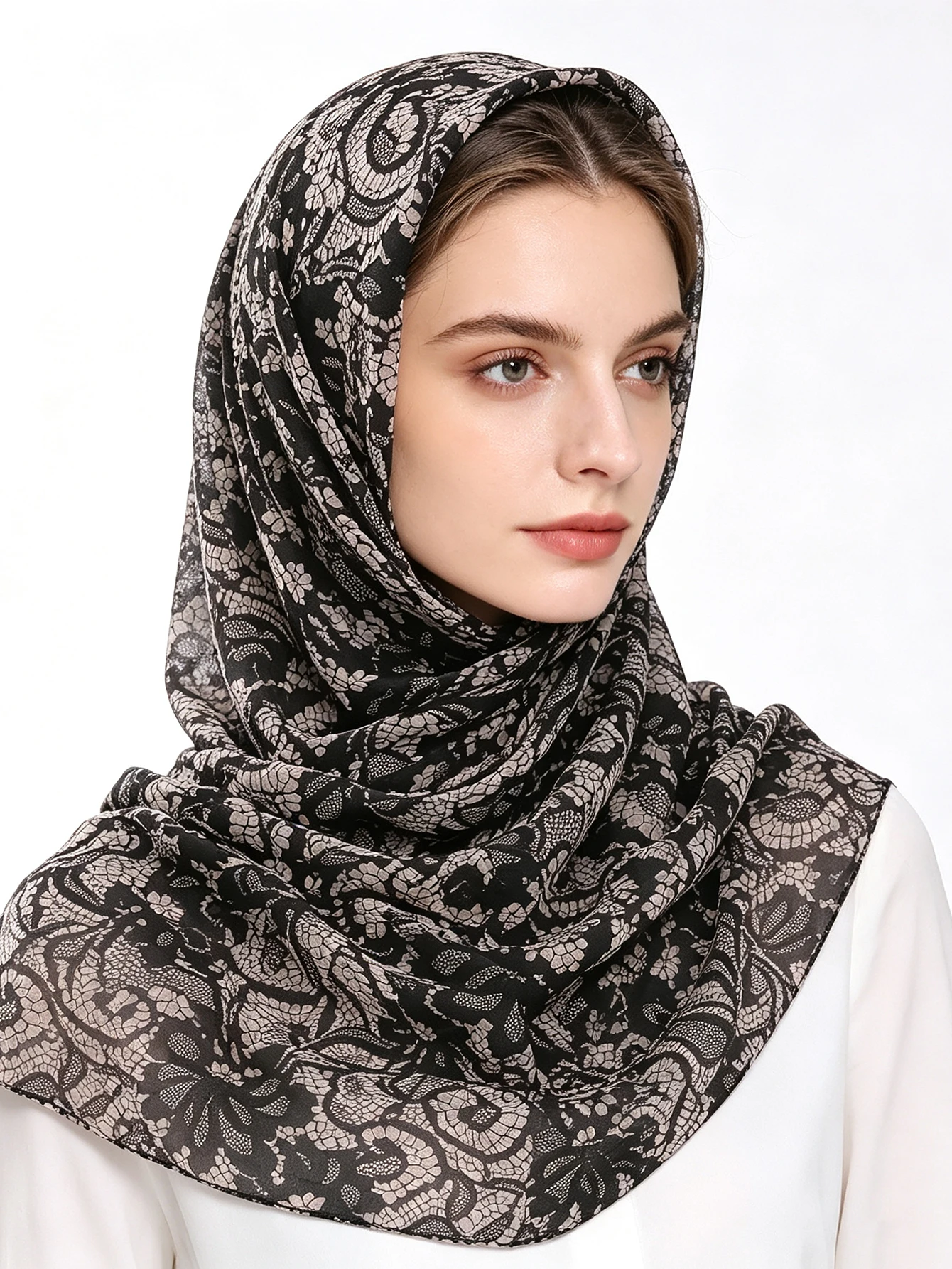 Black Base Lace-Look Printed Chiffon Hijab Lightweight Soft Long Scarf Muslim Women Headscarf Vintage Floral Prited Hijab