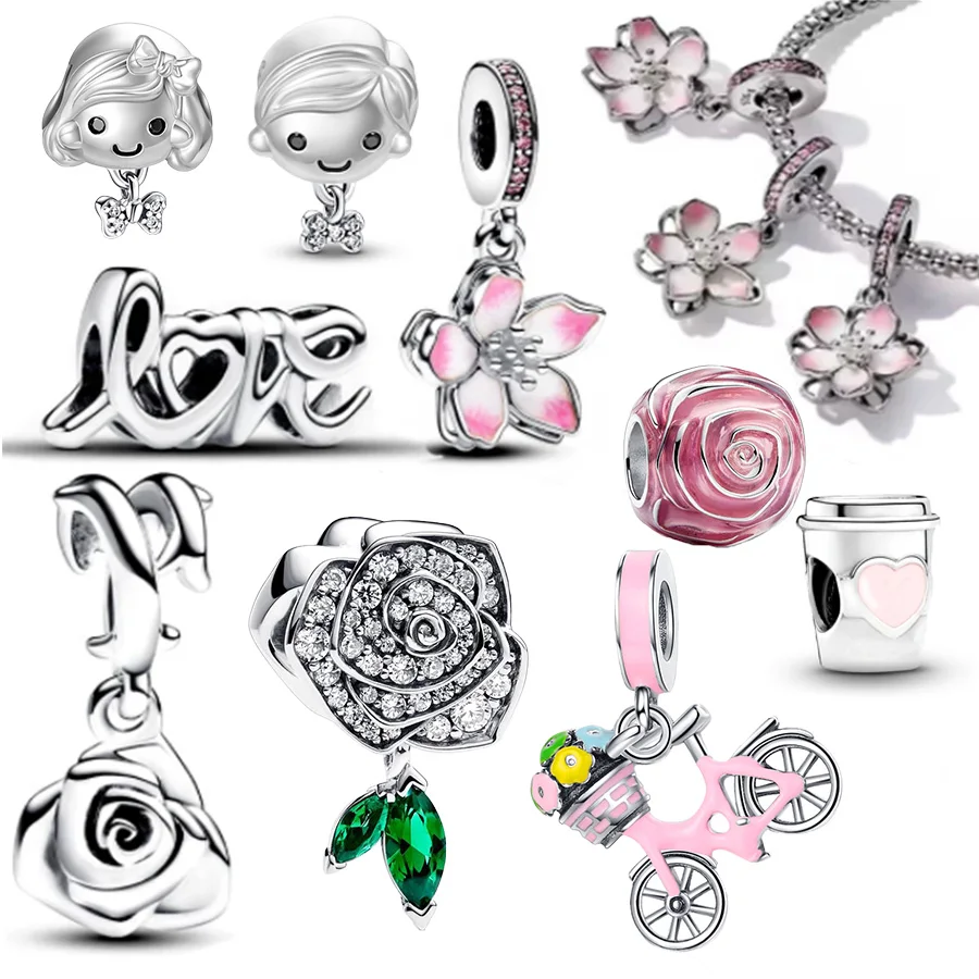 Breloques en forme de fleur de cerisier et de Rose dans la fleur, perles adaptées au Bracelet Original en argent Sterling 2024, bijoux à faire soi-même pour femmes, nouvelle collection 925