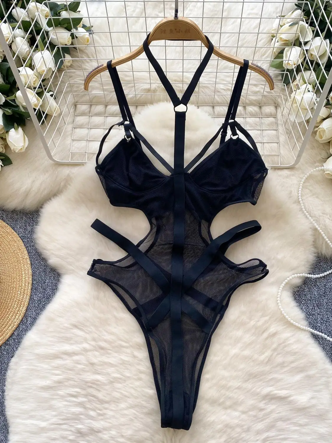 

Women's Black Gothic Patchwork Jumpsuits Overalls Y2k Hollow Playsuits Vintage Solid Color Perspective Rompers Coquette Clothes