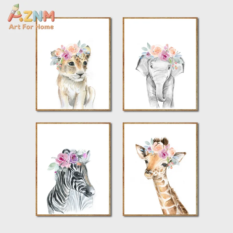 Animals Floral Crown Art Decor Canvas Painting , Baby Girl Prints Animal Giraffe Elephant Lion Wall Art Picture Nursery Poster
