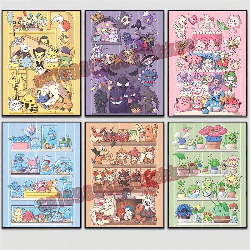 

Anime Pokémon Gengar Pikachu Psyduck Bulbasaur Charmander Elf Big Collection Kawaii Style Poster Frameless Canvas Painting Gift
