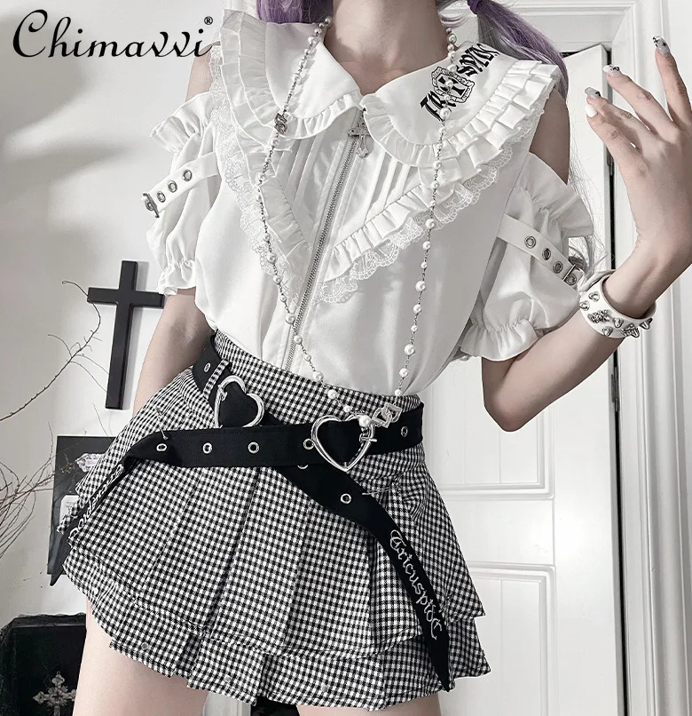 

Original Japanese Printed Dark Zipper Off-Shoulder Short Sleeve Shirt Subculture Punk Sweet Cool Girl Loose Blouse Women's Top