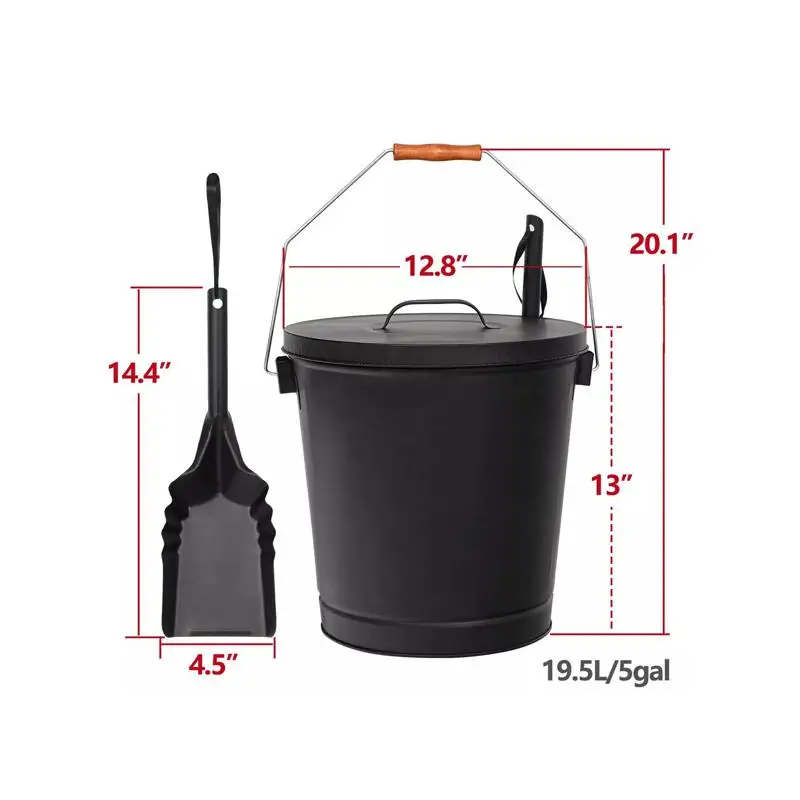 دلو رماد معدني أسود سعة 5 جالون مع غطاء مجرفة ومقبض لحفرة النار وموقد الخشب واستخدام الموقد #3