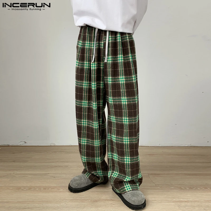 INCERUN Men Trousers Elastic Waist Drawstring Vintage Style Plaid Check Contrast Color Wide Leg Long Pants Streetwear Bottoms