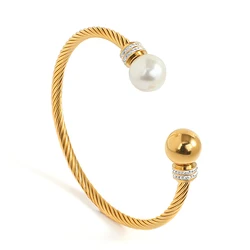 Chunky Imitation Pearls Metal Ball Twist Stainless Steel Opening Bangle Bracelet for Women Gold Color Rhinestones Jewelry Gifts