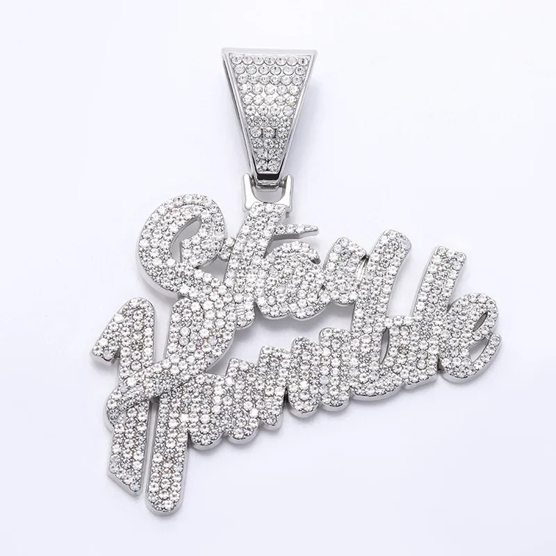 ULJ Shiny Hip Hop  Stay Humble Letter Pendant Necklace Cuban Link Chain for Men Woman Iced Out Bling Chain Jewelry