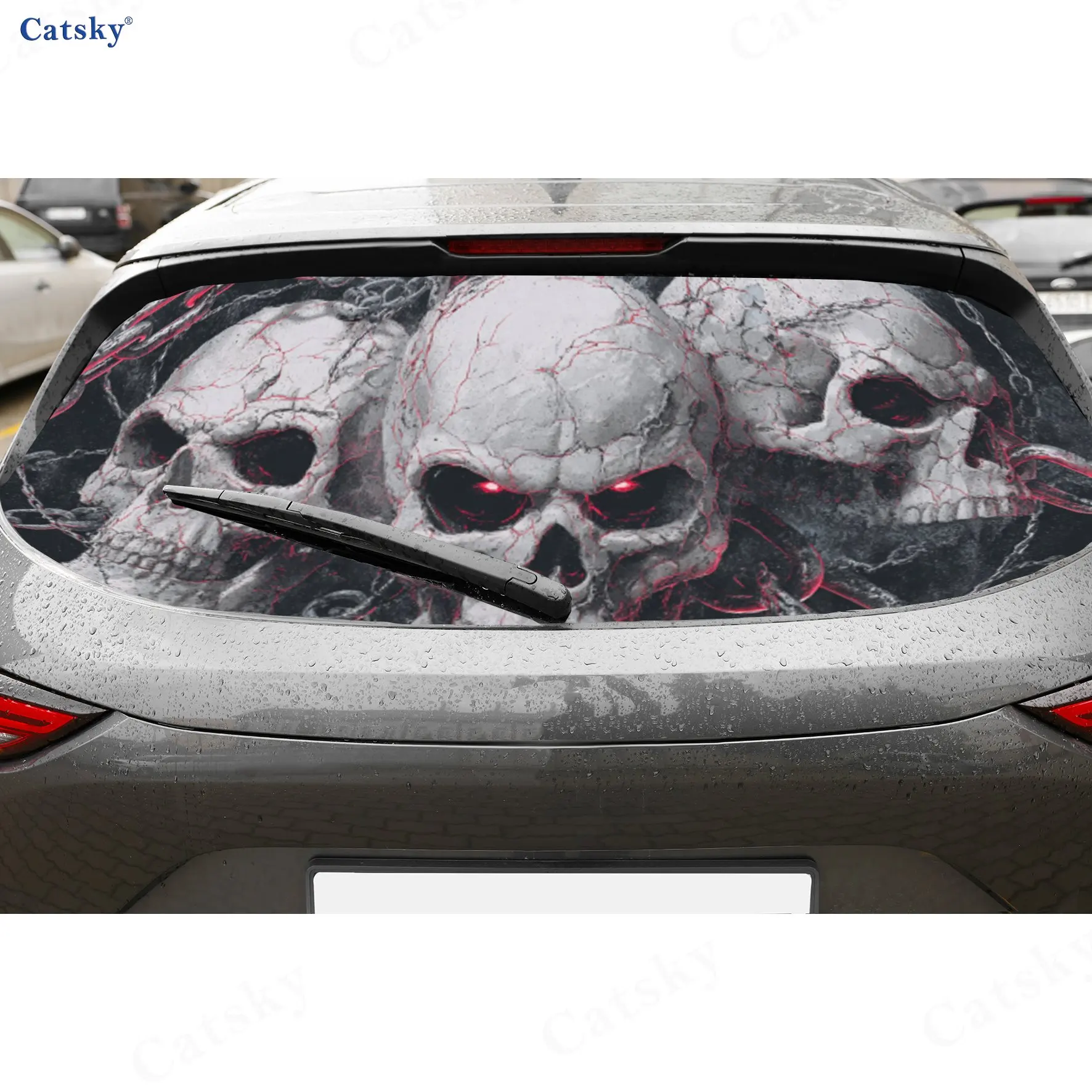 

Angry Chained Red-Eye Skulls Wonder Journey ПВХ перфорированные автомобильные виниловые обертывания, прочная наклейка на заднее лобовое стекло автомобиля, водонепроницаемый автомобиль