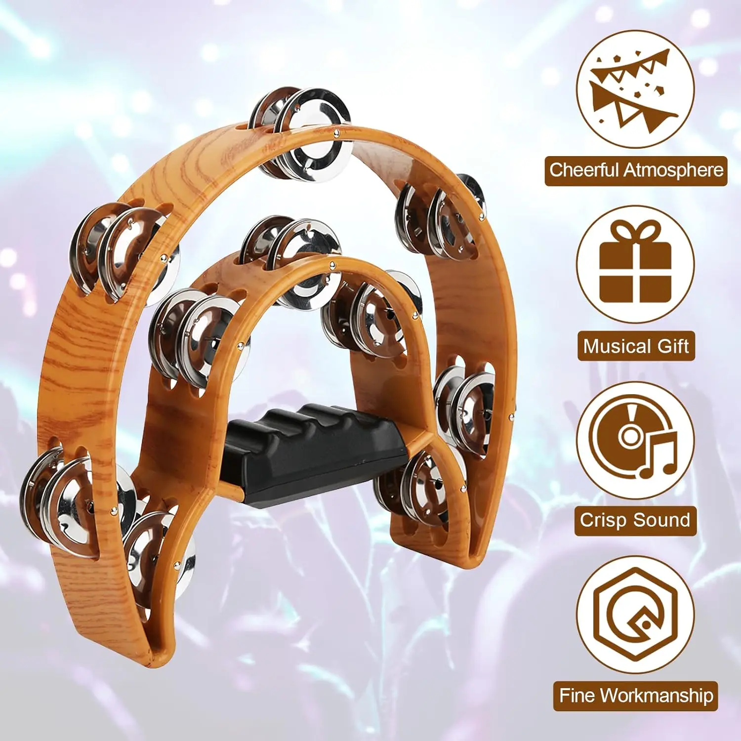 Coffee Color Wood Grain Double-layer Tambourine Half Moon Shaped Hand Bell for Performance Party Portable Musical Instrument